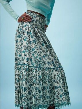 Zara Teal Floral Smocked Tiered Maxi Skirt